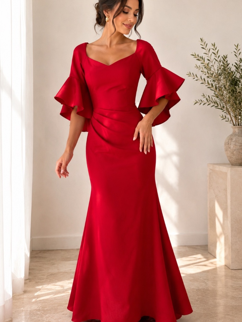BETSY&adam sacrlet red ruffle sleeve prom gown stretch.